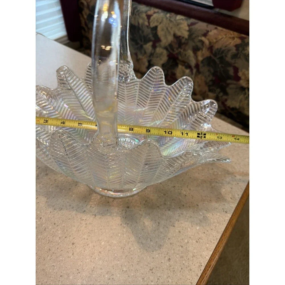 LE Smith Clear Glass Feather Pattern Basket Scalloped Edge Applied Handle. 13.5”